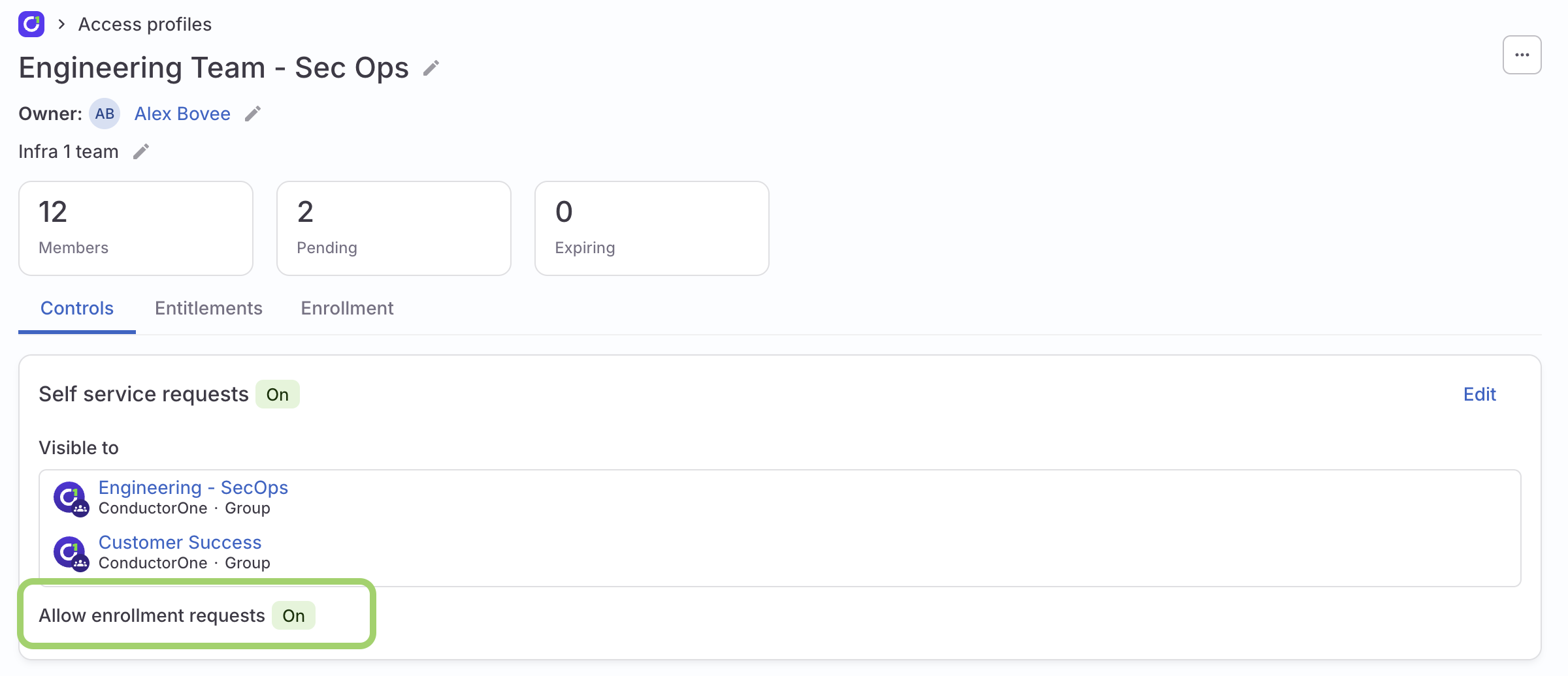 The top section of an access profile's Controls tab with a green box highlighting the placement of the Allow enrollment requests indicator.