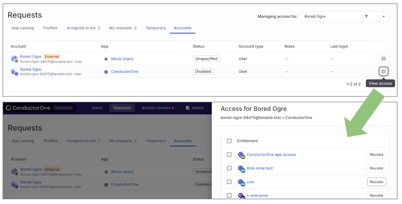 A screenshot of the Accounts tab on a Requests end user page, highlighting the View accounts button and then showing the account details drawer with Revoke buttons emphasized.
